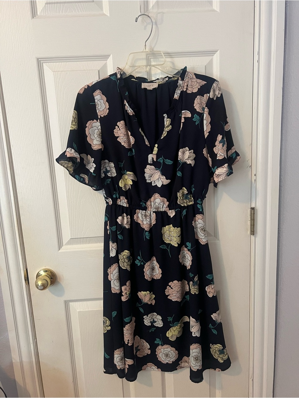 LOFT Navy Floral Mini Dress with Pink and Yellow Flowers